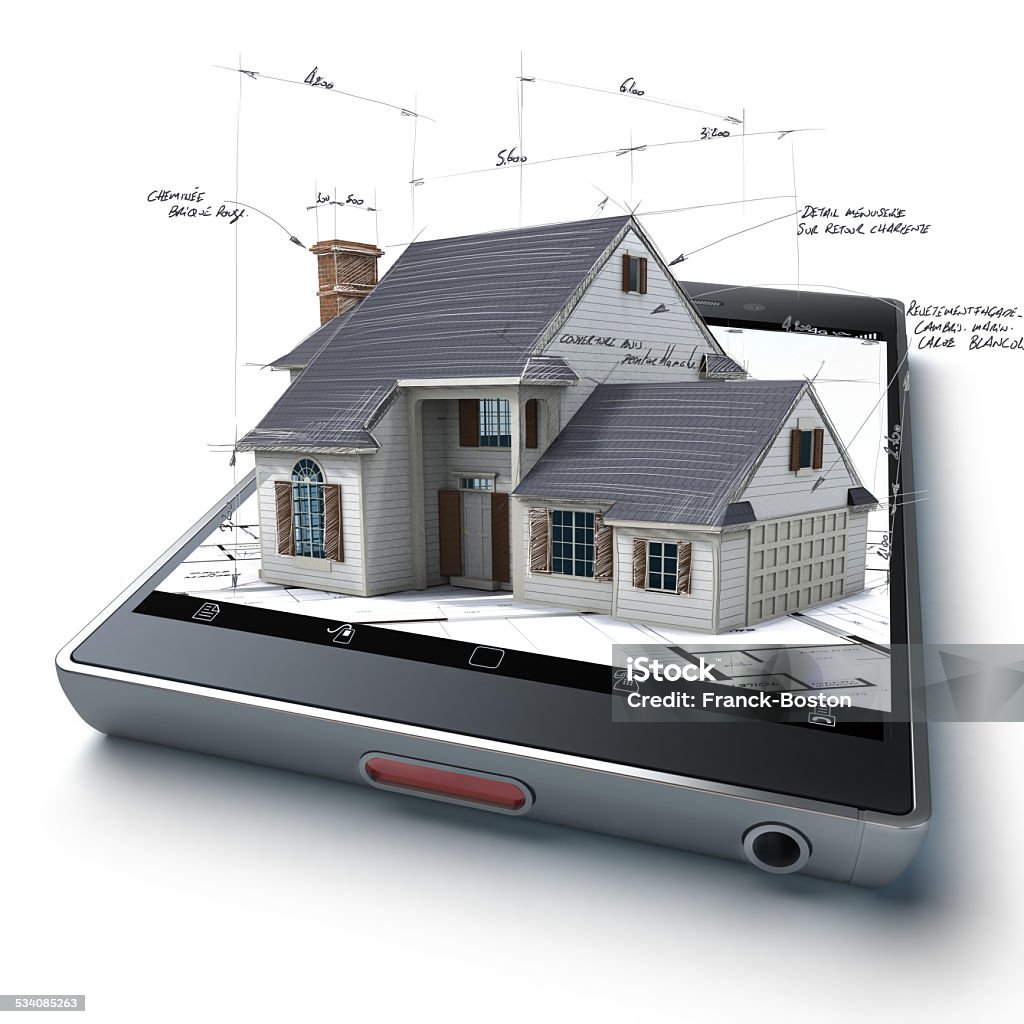 Home creation app 3D rendering of a smart phone with a house and blueprints jutting out Digital Tablet Stock Photo