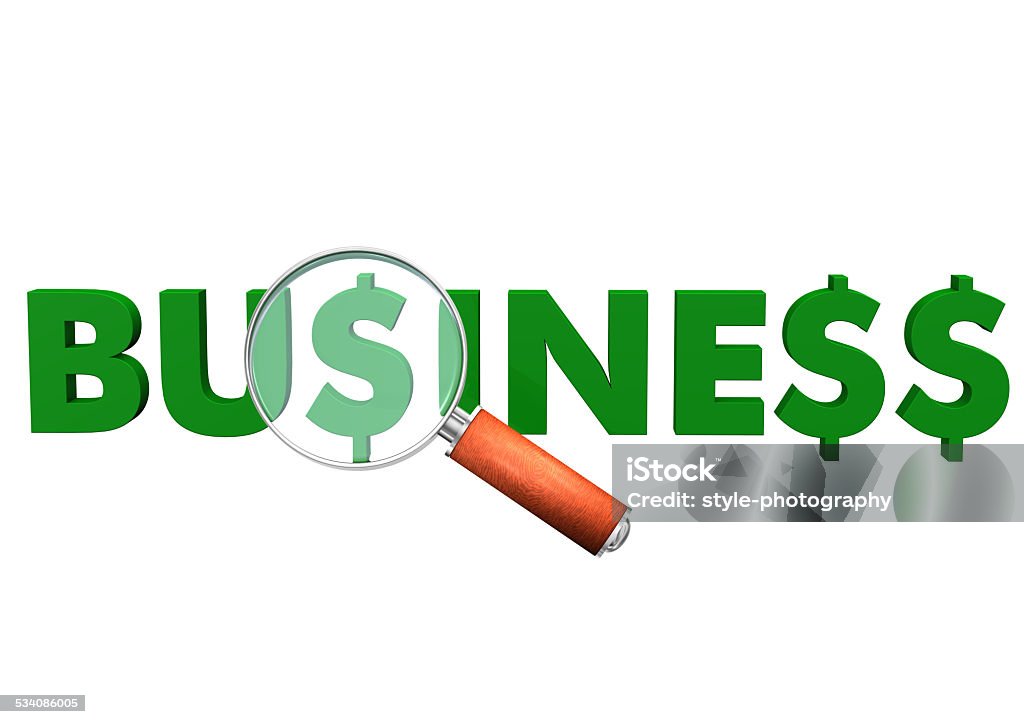 Business Dollar Loupe Green text business with dollar symbols and loupe. White background. 2015 Stock Photo