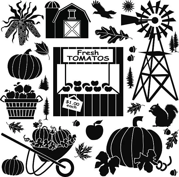 Vector illustration of farm design elements in black and white