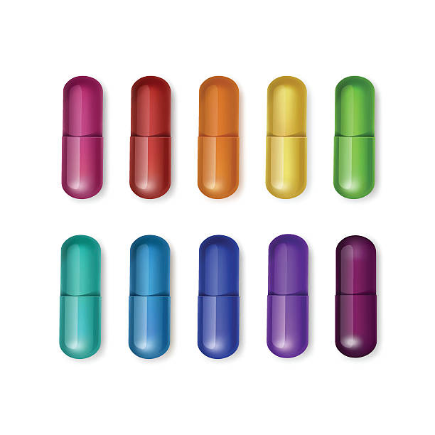 illustrations, cliparts, dessins animés et icônes de vecteur série de capsules multicolore isolé sur fond blanc - vector vitamin pill purple orange