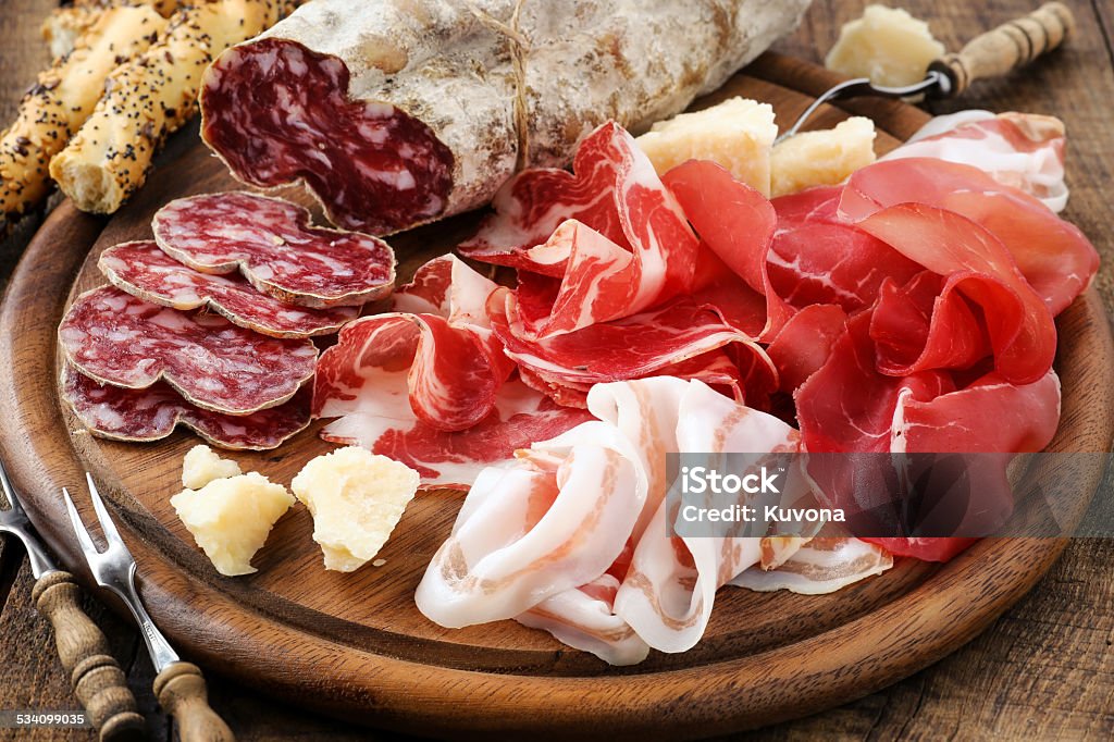 Italiam cured meat variety Italian meat platter - prosciutto ham, bresaola, pancetta, salami and parmesan Cheese Stock Photo