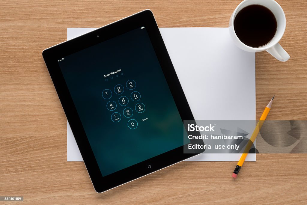 Privacy Protection Seoul, Korea - November 10, 2014: Enter Passcode Screen of Apple iPad. It has two cameras for FaceTime and HD video recording. 2015 Stock Photo