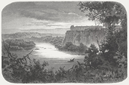 Mouth of the Minnesota River in the Mississippi River below of the Fort Snelling. Woodcut engraving after a drawing by Rudolf Cronau (German painter, 1855 - 1939), published in 1882.