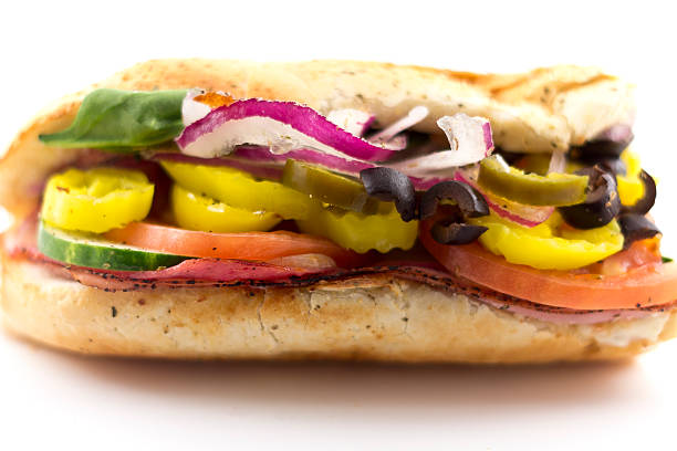 The Works Sandwich Italian meat, ham and salami, sub sandwich with the works torpedo sandwich stock pictures, royalty-free photos & images