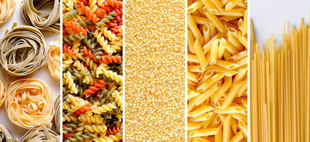 Collage with various types of uncooked pasta with white and brown background. Horizontal orientation with vertical detail