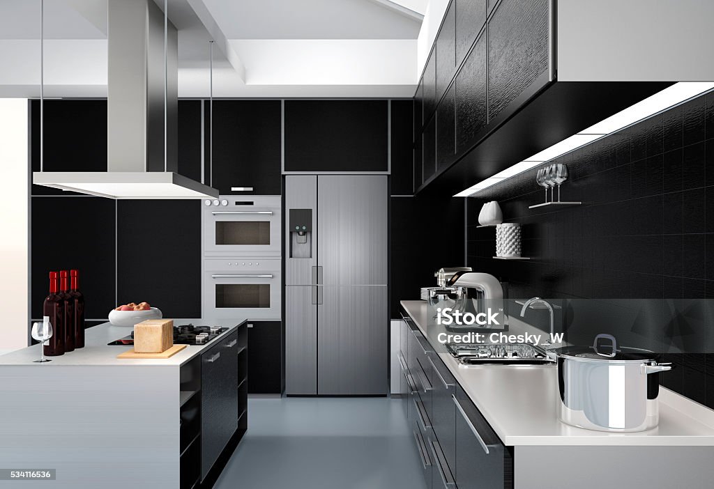 Modern kitchen interior with smart appliances in black color coordination Modern kitchen interior with smart appliances in black color coordination. 3D rendering image. Kitchen Stock Photo
