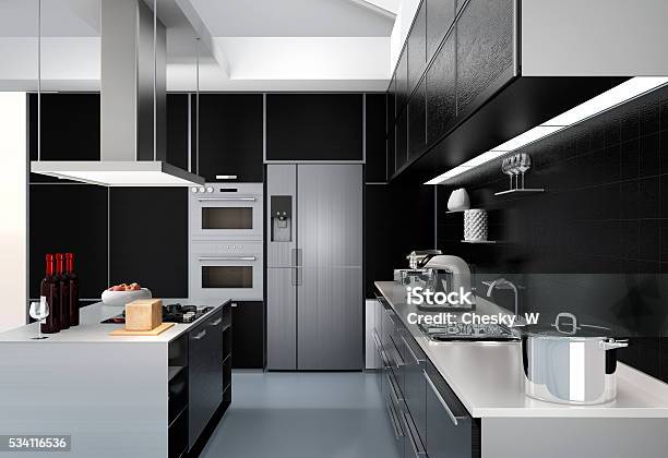 Modern Kitchen Interior With Smart Appliances In Black Color Coordination Stock Photo - Download Image Now