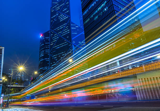istock light trails in the downtown district,hongkong 534120044