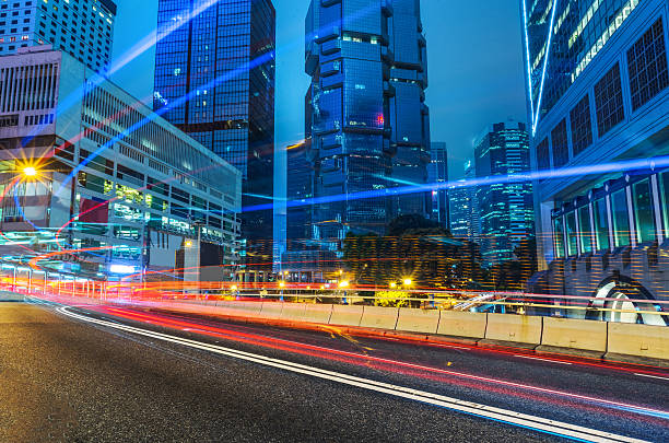 istock light trails in the downtown district,hongkong 534121150
