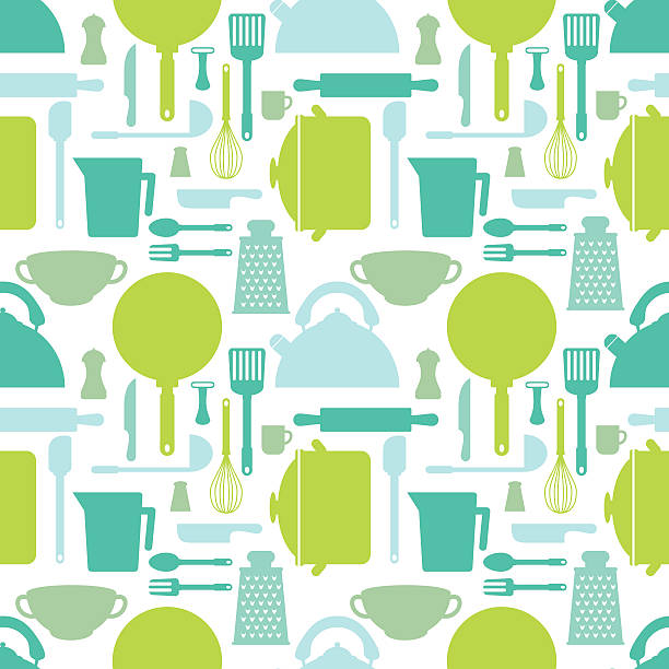 Seamless pattern with kitchen tools. Cook accessories in blue and green tones. Vector illustration. kitchen patterns stock illustrations