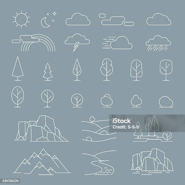 Nature Landscape Elements Icons Stock Illustration - Download Image Now - Tree, Icon Symbol, Mountain