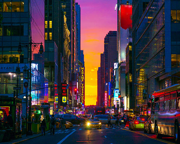 New York 42nd Street in Colorful Rainbow Toned Sunset Background stock photo