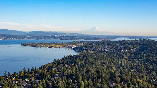 Aerial Shot of Forests, Lake, and Suburban Neighborhoods of Shoreline, Sand Point, North Seattle, Magnuson Park, Lake Washington, and Mt Rainier