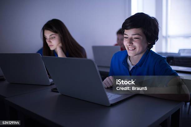 Computer Lab Happy Students Happy Student Using Laptop On A Class At Computer Lab Stock Photo ...