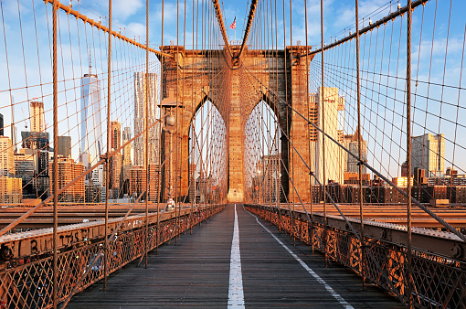 Low angle view of Brooklyn bridge. Manhattan in the background. New York, USA