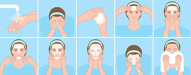 남성 씻다 얼굴 - human face washing cleaning body care stock illustrations