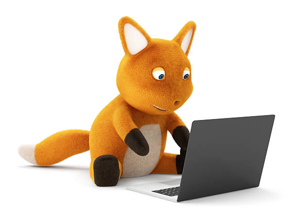 Funny Little Fox with Laptop on white background