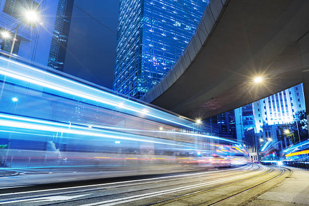 istock light trails through the footbridge,hongkong 534136272