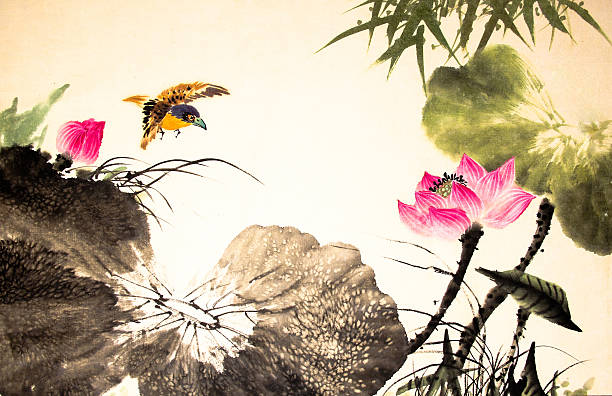 ink lotus painting hand drawn bird vector art illustration