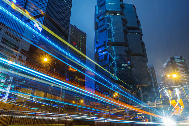 istock light trails in the downtown district,hongkong 534137634