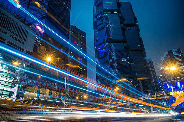 istock light trails in the downtown district,hong kong 534138186