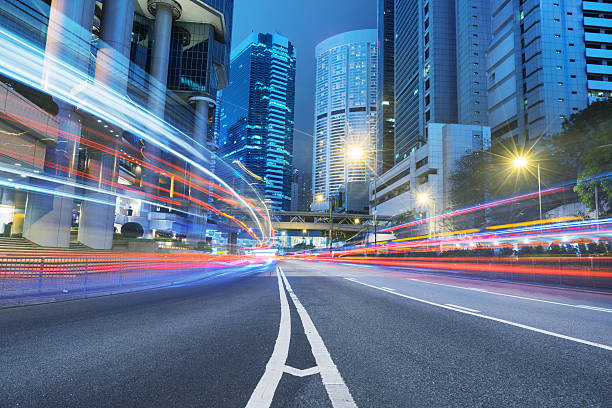 light trails in the downtown district,hongkong
