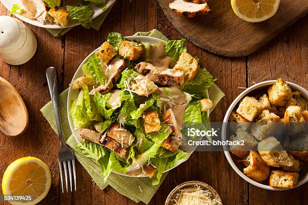 Healthy Grilled Chicken Caesar Salad Stock Photo - Download Image Now - 2015, Caesar Salad, Cheese