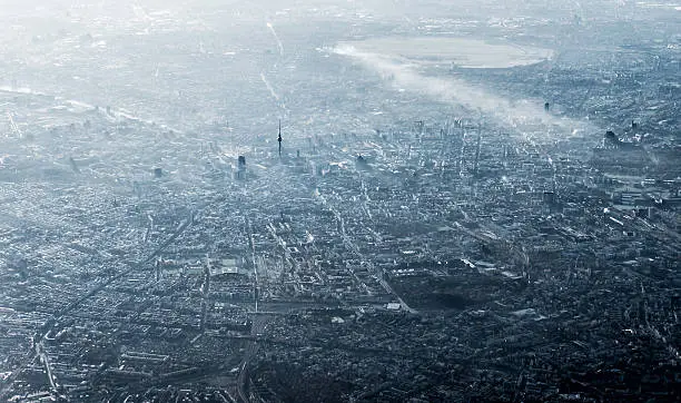 Photo of Aerial view of Berlin, Germany, monochromatic in smog and sun