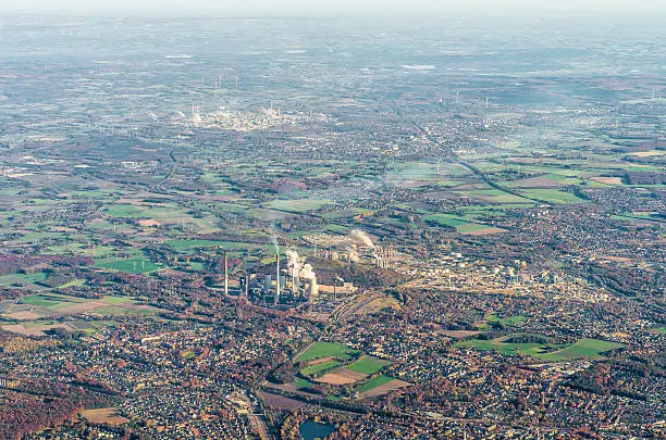 Aerial view of Ruhr district, coal powered power plant and oil refinery in Gelsenkirchen