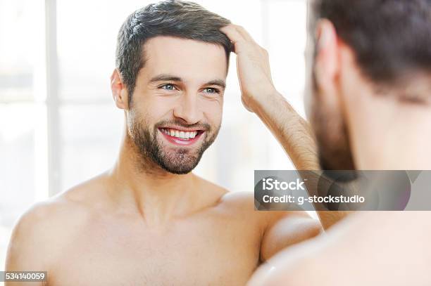 Starting New Day With Smile Stock Photo - Download Image Now - Men, Mirror - Object, Human Hair