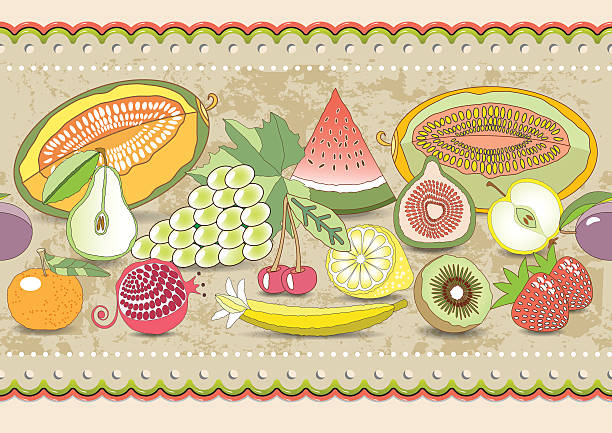 poziome bez szwu wzór zestaw fruit. ilustracja wektorowa - fig apple portion fruit stock illustrations