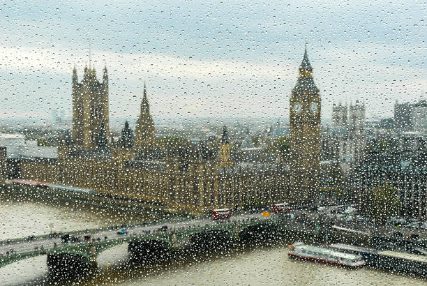 view to Big Ben and parliament through the wet window stock photo