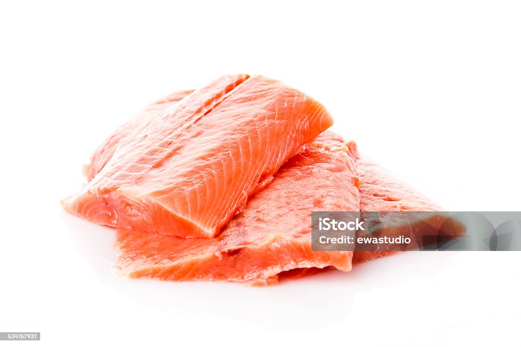 fresh salmon steak over white background 2015 Stock Photo