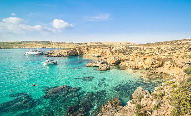 The world famous Blue Lagoon in Comino island - Mediterranean nature wonder in the beautiful Malta - Unrecognizable international tourist people and snorkeling divers - Exclusive travel destinations