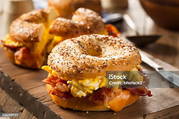 Hearty Breakfast Sandwich On A Bagel Stock Photo - Download Image Now - Bagel, Sandwich, Breakfast