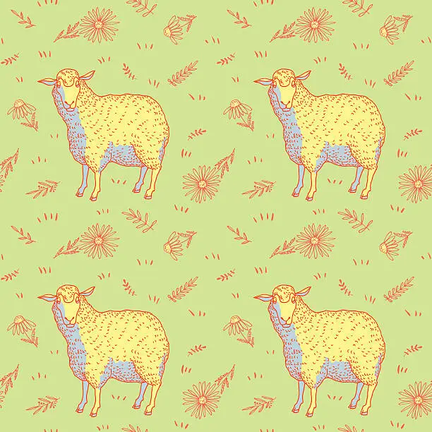 Vector illustration of Sheep and flowers pattern