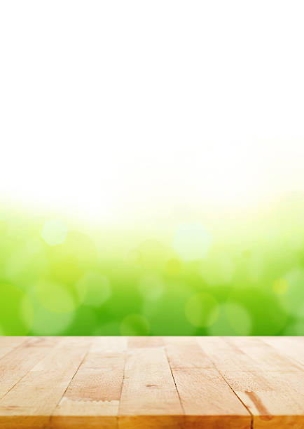 istock Wood table top on abstract white & green bokeh background 534162223