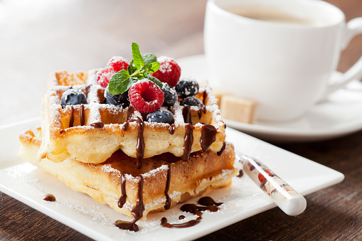 Whole Wheat Waffles with Strawberries, Blueberries and Maple Syrup