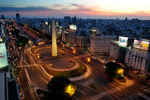 Obelisk and Avenue of 9 de Julio, Buenos Aires, Argentina stock photo