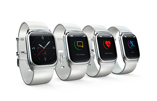 istock Stylish smart watches with different apps on white background 534164765