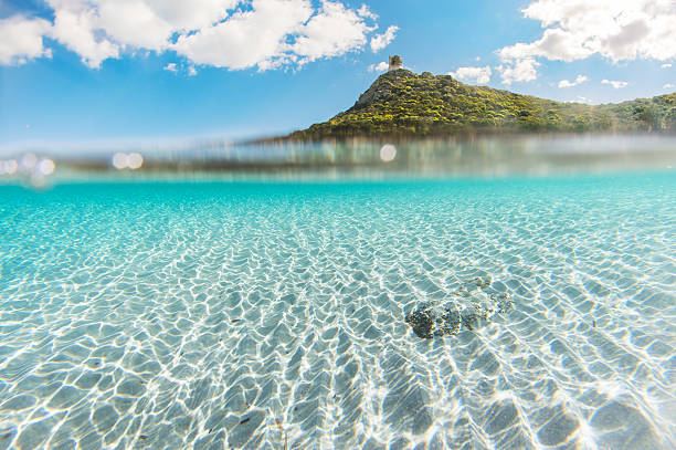 Mediterranean coast crystal clear sea with white sand and clean Mediterranean coast overlooking the crystal clear sea with white sand and clean - under over sea raja stock pictures, royalty-free photos & images