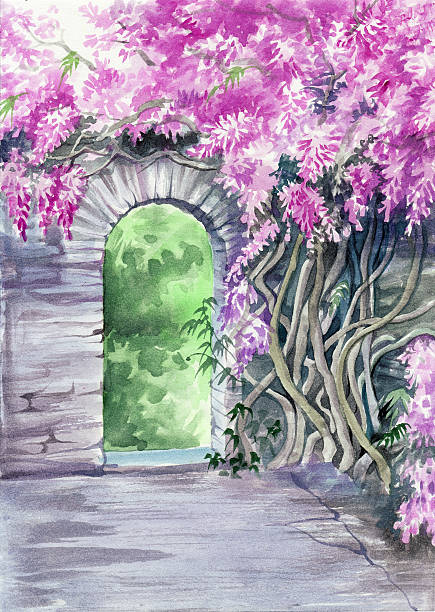istock Blossoming wisteria garden over the wall with a gate 534166069