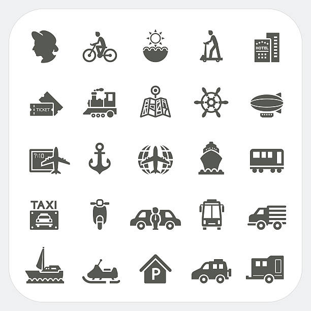 ilustraciones, imágenes clip art, dibujos animados e iconos de stock de conjunto de iconos de transporte - silhouette bus symbol motor scooter