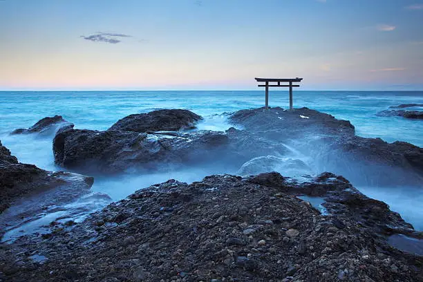 Japan landscape of traditional Japanese gate and sea