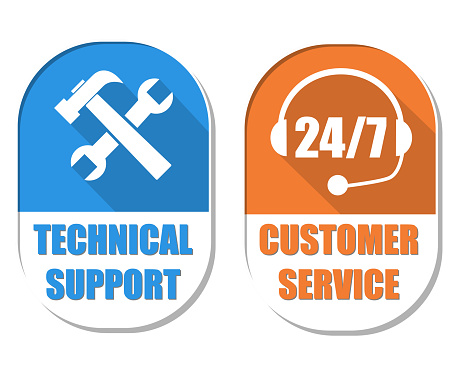 Client Support Sign Technical Support Tools Sign 24 7 Customer Service Flat Design Labels ...