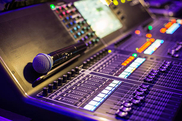 Large show sound controller with microphone Large modern show sound controller with microphone on it - close up photo live performance stock pictures, royalty-free photos & images