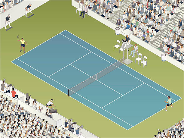 Tennis Match Illustration Professional tennis players compete in a stadium tournament. A highly-detailed diverse audience watches, along with line umpires, photographers and coaches. Illustration is in isometric view. sports photography stock illustrations