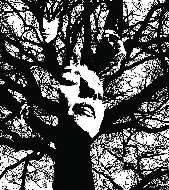 ilustraciones, imágenes clip art, dibujos animados e iconos de stock de silueta montaje de una mujer cara y oak tree - growth tree spirituality tranquil scene