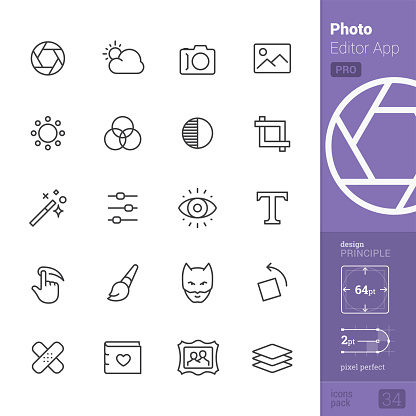 Photo Editor App related single line icons pack.