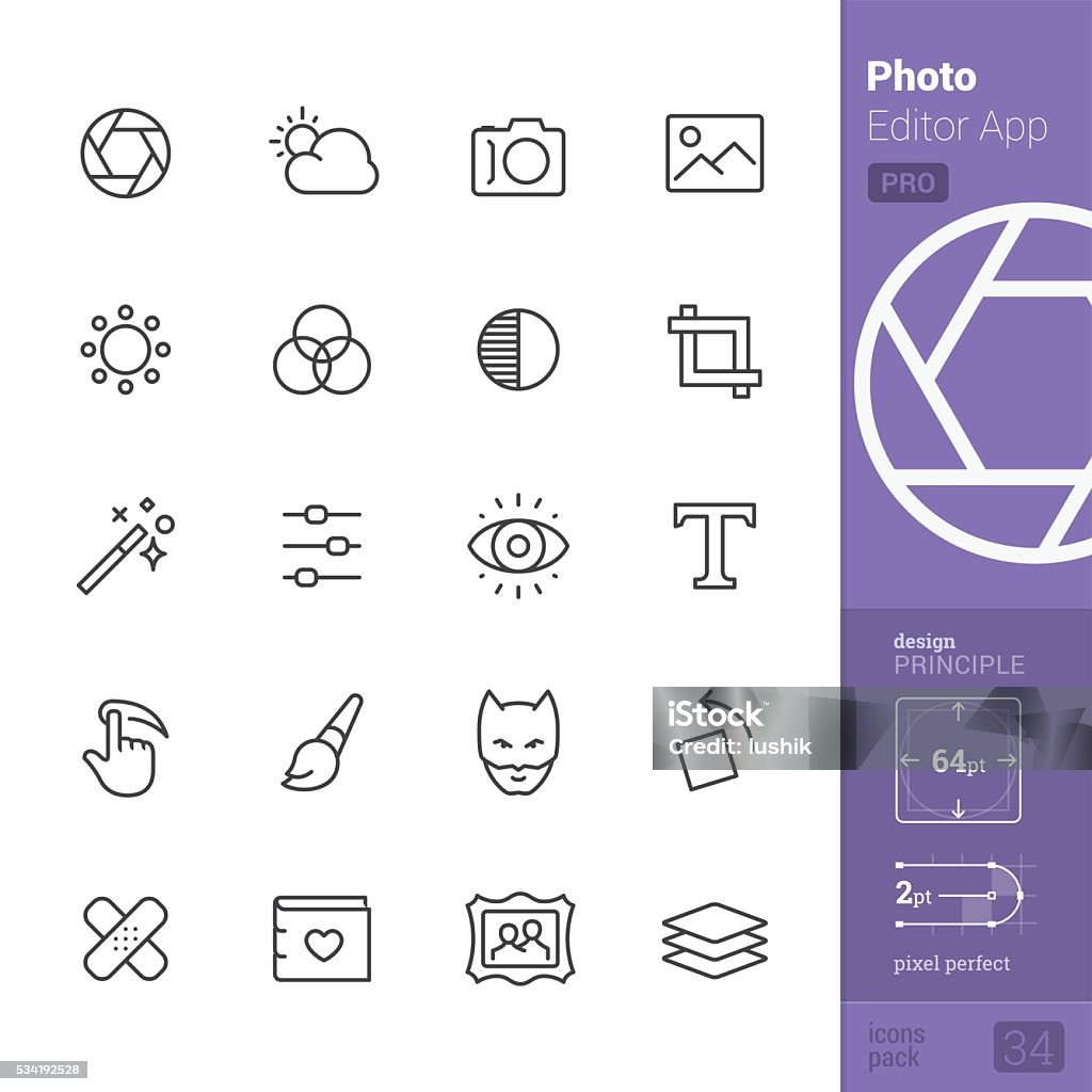 Photo Editor App Outline vector icons - PRO pack Photo Editor App related single line icons pack. Icon stock vector